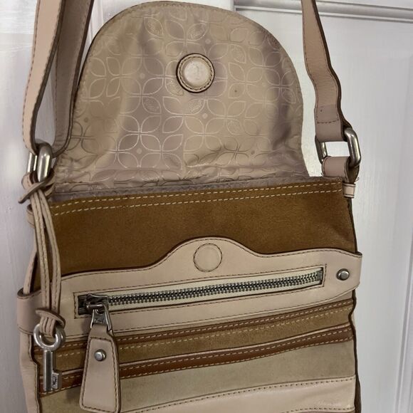 Vtg Fossil Crossbody Purse Suede Leather Stripe Brown Multi‎ Tone Hang Key - Picture 6 of 12